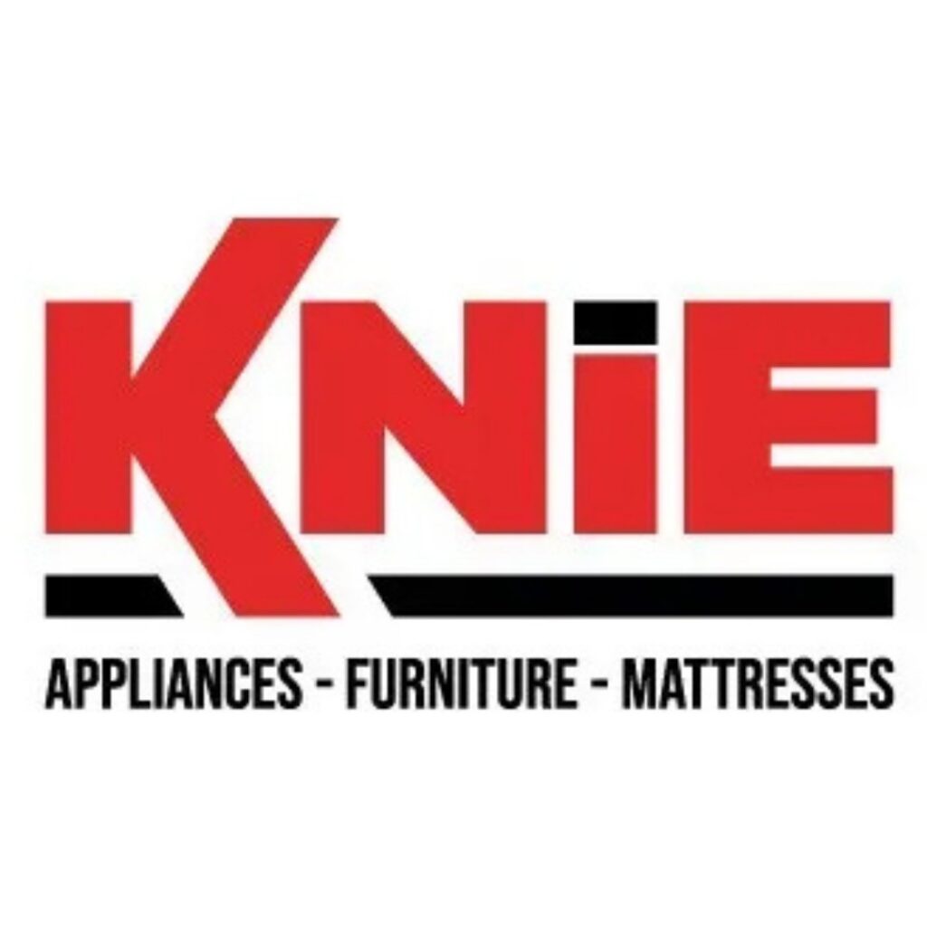 Knie Appliances, Furniture & Mattresses logo featuring large red stylized letters spelling “KNIE” with black accent bars above and below the text, and the tagline “Appliances - Furniture - Mattresses” in black beneath.