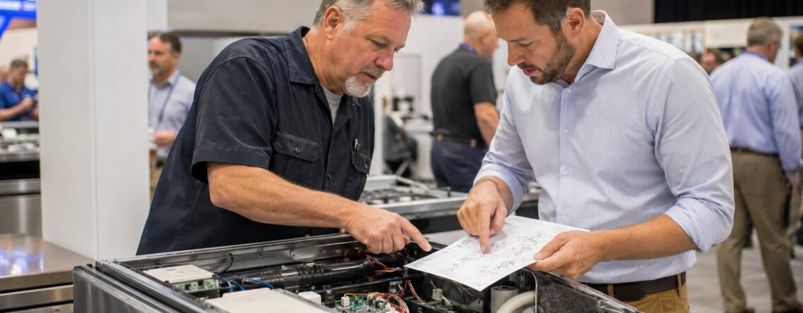 Two people review a technical diagram while examining the internal components of a disassembled appliance at a trade show or training event. Wiring, electronic controls, and mechanical parts are visible inside the open unit, with attendees and exhibit booths in the background.